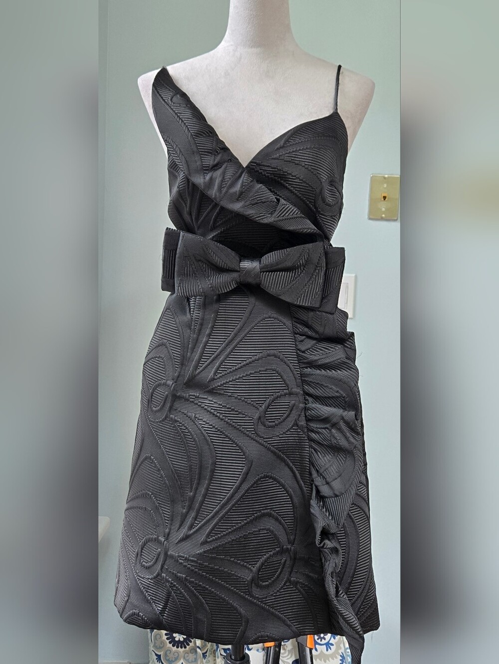 Original Milly of NY Black Textured Bow-Waist Mini Dress pockets! sz 4